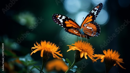 A butterfly is hovering above a flower