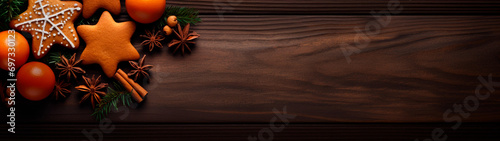Banner with christmas decorations, spices and cookies on wooden table background. New year wallpaper, card. Festive postcard with copy space. Generative AI