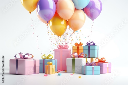 Balloons and gift boxes with ribbons on white background. 3D Render, 3d render of birthday background with gift box, balloons and confetti Ai generated © Tanu
