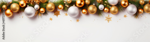 Banner with christmas decorations on white background. New year wallpaper, card. Festive postcard with copy space. Generative AI