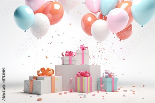 Gift boxes with color balloons and confetti, 3d render of birthday background with gift box, balloons and confetti, AI Generated