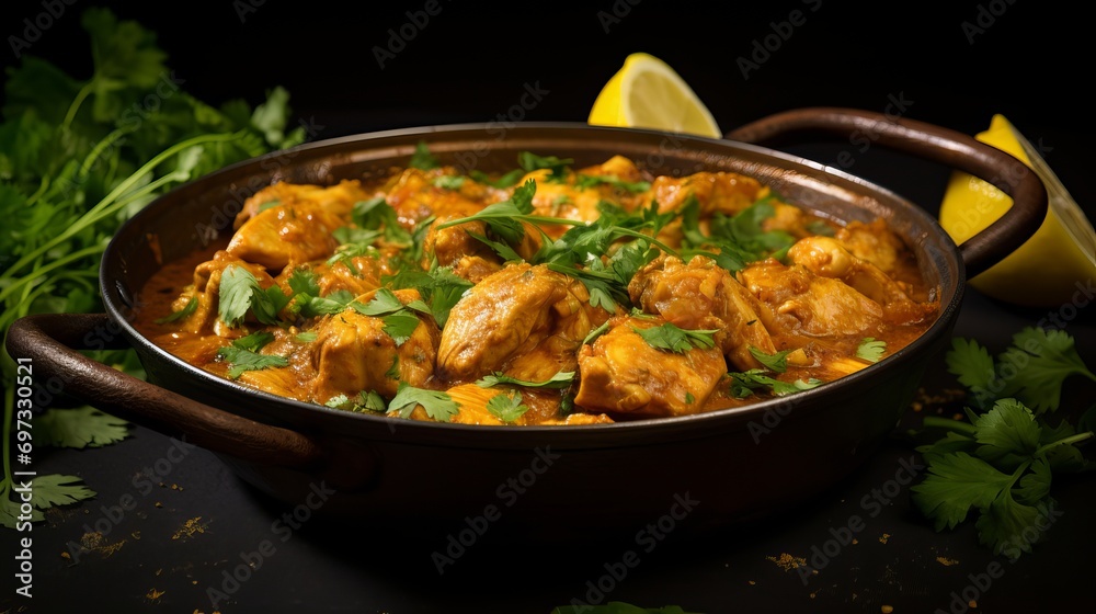 A plate of yellow food on a black background is accompanied by a pot of chicken curry