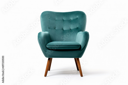 a blue chair with a wooden legs and a buttoned back