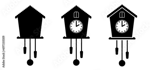 Cartoon cuckoo clock, wall clock sign. time icon. antique bird clock. Old bird pendulum clocks. Flat bird cuckoo-clock. 