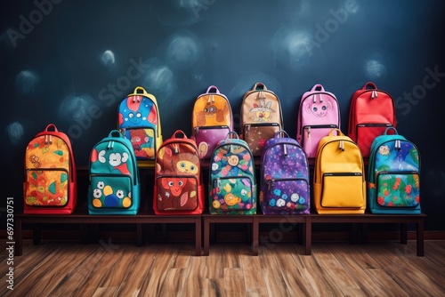Group of colorful school backpacks standing in front of a chalkboard  Colorful children s schoolbags on a wooden floor  Backpacks with school accessories  AI Generated