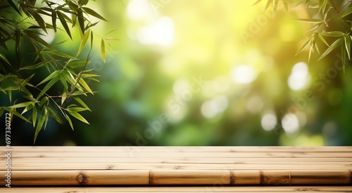 background view of a bamboo forest with a bamboo wooden table in front, can be used for product presentations, posters and others. generative AI photo