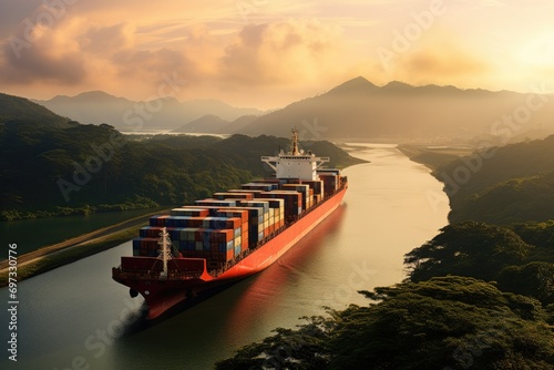 Container Cargo freight ship with working crane bridge in import export and logistics business and transportation concept, Container ship passing through the Panama Canal, AI Generated