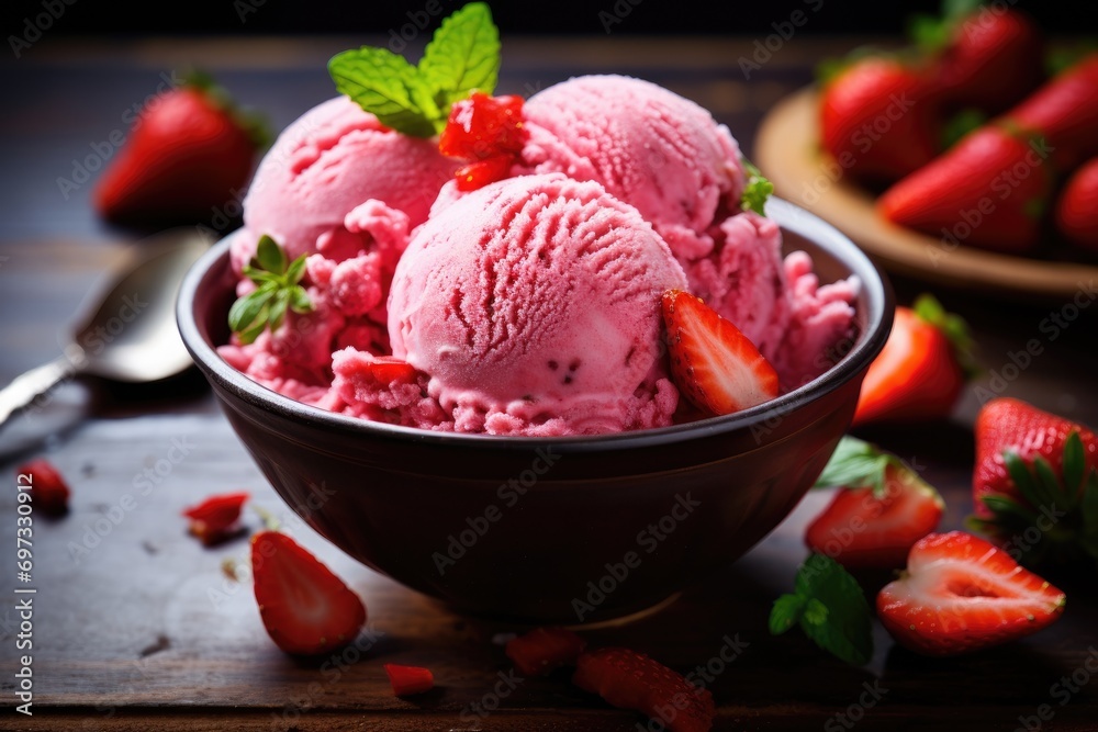 Strawberry ice cream in bowl with fresh strawberries on wooden background, Delicious strawberry ice cream, AI Generated Strawberry ice cream in bowl with fresh strawberries on wooden background, Delicious strawberry ice cream, AI Generated