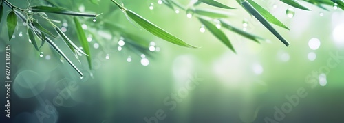 Green bamboo leaves with a blur effect, can be used as posters, advertising media, presentations and others. generative AI © original logo