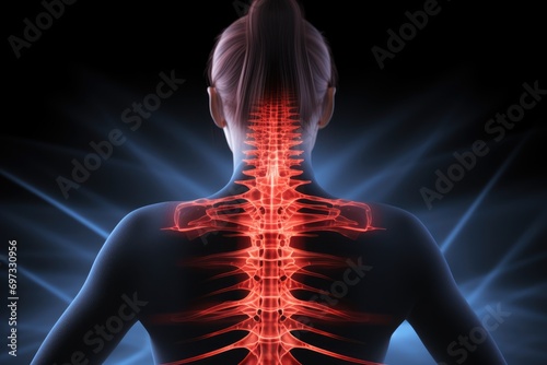 Female body with highlighted spine against blue light spot design on black background, Digital composite highlighting the spine of a woman in rear view with back pain, AI Generated