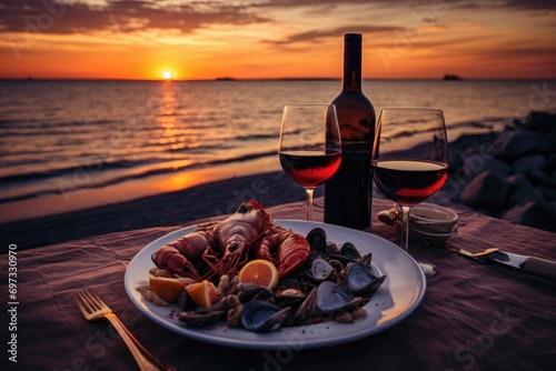 Seafood dinner on the beach at sunset with a bottle of red wine and glasses, Dinner with seafood and red wine against the backdrop of a sea sunset, AI Generated