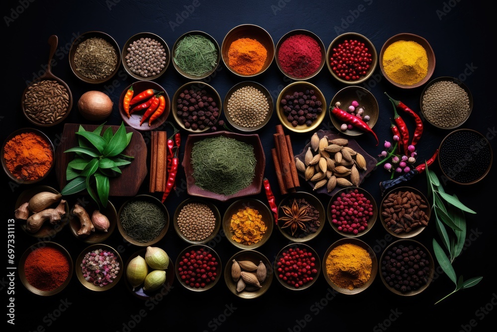 Spices and herbs on black background. Food and cuisine ingredients, Colorful collection of spices and herbs on a black table, AI Generated Spices and herbs on black background. Food and cuisine ingredients, Colorful collection of spices and herbs on a black table, AI Generated