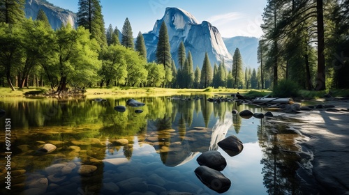 A stunning photo of a peaceful lake in yosemite national park in california