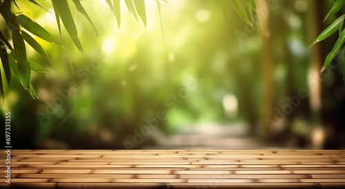 background view of a bamboo forest with a bamboo wooden table in front, can be used for product presentations, posters and others. generative AI © original logo