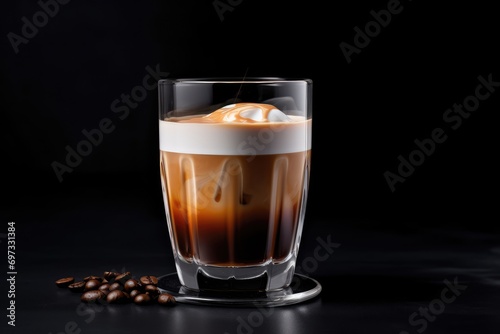 Coffee latte in a glass with cream on a black background, Coffee with milk in a glass against a gray background, AI Generated