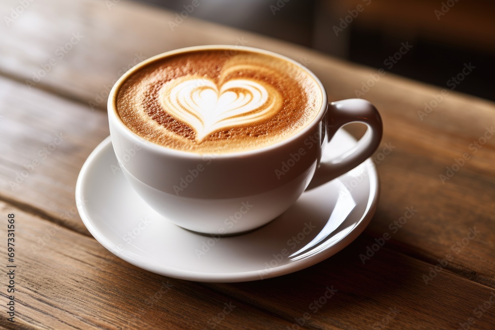 Coffee cup in coffee shop, latte art on wooden table, Cup of cappuccino with a heart shape on the foam, AI Generated Coffee cup in coffee shop, latte art on wooden table, Cup of cappuccino with a heart shape on the foam, AI Generated