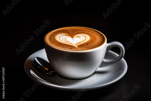 Cup of coffee latte art with heart shape on black background  Cup of coffee with a heart shape on a black background  presented in a closeup  AI Generated