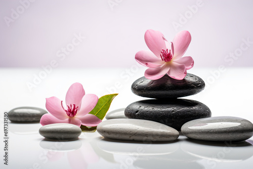 a pink flower sitting on top of a pile of black rocks