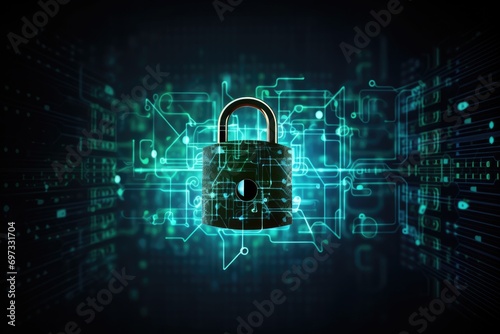 Cyber security concept with circuit board and padlock on blue background, Data Privacy Protection Business Technology Privacy concept on a virtual screen, AI Generated