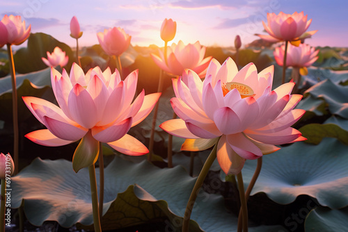 Tranquil Dawn: Serene Lotus Pond with Soft Colors and Graceful Flowers, Generative Ai