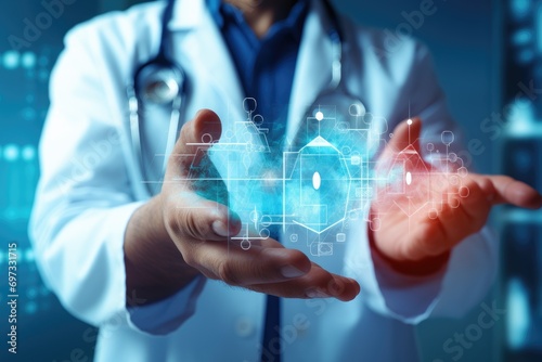 Close view of a doctor holding in hands virtual panel with padlock, Doctor's hand in a hospital with digital medical icons graphic banner showing the symbol of medicine, AI Generated