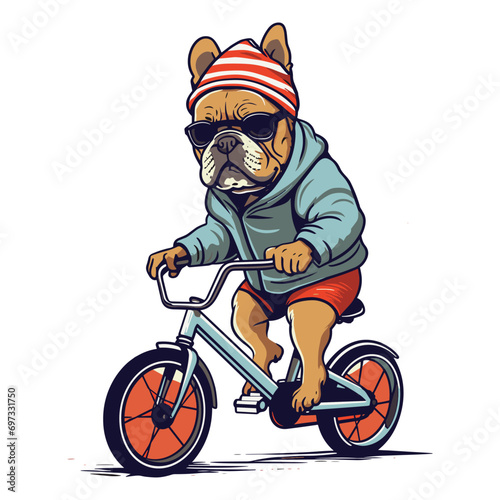 French Bulldog wearing a beanie and riding a bicycle vector illustration