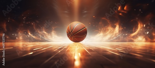 basketball photographed in the middle of the basketball court with the effects of spotlights and smoke. generative AI