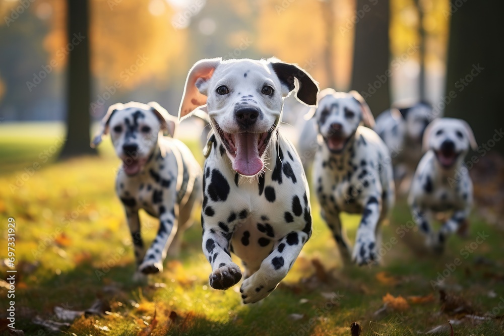 Group of Dalmatian dogs running in the park in autumn, Cute funny Dalmatian dogs group running and playing on green grass in the park in autumn, AI Generated Group of Dalmatian dogs running in the park in autumn, Cute funny Dalmatian dogs group running and playing on green grass in the park in autumn, AI Generated