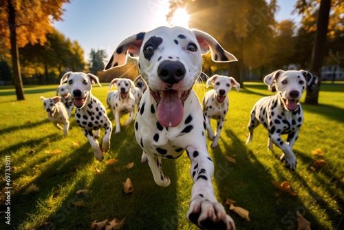 Group of dalmatian dogs running in the park at sunset, Cute funny Dalmatian dogs group running and playing on green grass in the park in autumn, AI Generated