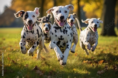 Group of dalmatian dogs running in the autumn park, Cute funny Dalmatian dogs group running and playing on green grass in the park in autumn, AI Generated