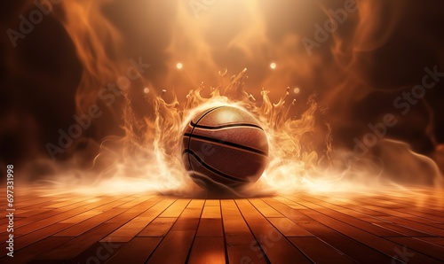 basketball photographed in the middle of the basketball court with the effects of spotlights and smoke. generative AI © original logo