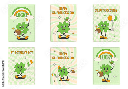 Cartoon character shamrock clover in retro groovy style.Set of greeting cards for St. Patrick's Day. 70s, 80s.Vector stock illustration.
