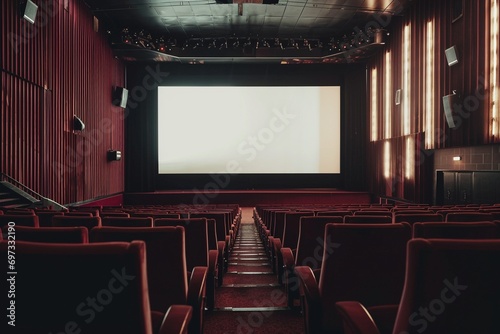 Silence Before Showtime: Back View of an Unoccupied Contemporary Cinema with a Large White Screen