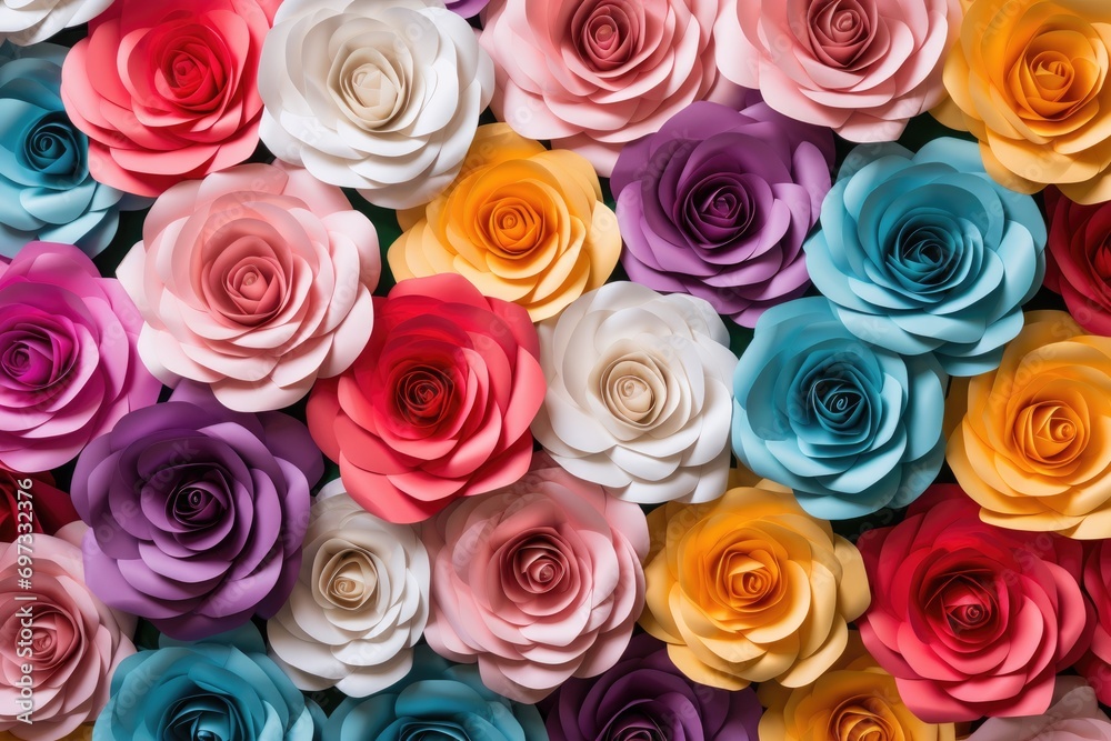 Colorful paper roses on black background. Top view. Flat lay, Create a backdrop of colorful paper roses, AI Generated Colorful paper roses on black background. Top view. Flat lay, Create a backdrop of colorful paper roses, AI Generated