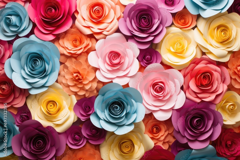 Colorful paper flowers background. Top view. Close-up, Create a backdrop of colorful paper roses, AI Generated Colorful paper flowers background. Top view. Close-up, Create a backdrop of colorful paper roses, AI Generated