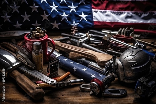 Variety of plumbing tools on rustic wooden background. Selective focus, Construction and manufacturing tools with the patriotic US, USA, American flag on a dark black background, AI Generated