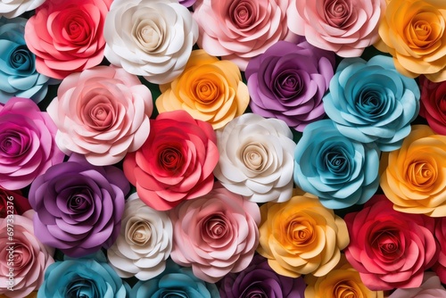 Colorful paper roses on black background. Top view. Flat lay  Create a backdrop of colorful paper roses  AI Generated