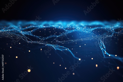 Abstract technology background with connection lines and dots. 3D Rendering, Cyber big data flow, blockchain data fields, and network line connect stream, AI Generated