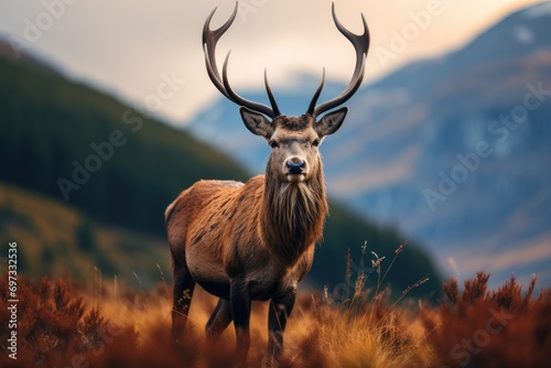Red deer stag in the Scottish highlands during the Fall season, Deer in the wild HD 8K wallpaper stock photographic image, AI Generated