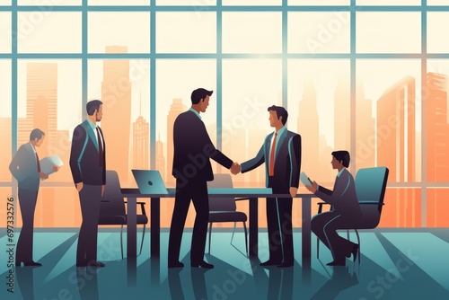 Businessmen shaking hands in office. Vector illustration in flat style, Depict business professionals concluding a meeting with a handshake, AI Generated