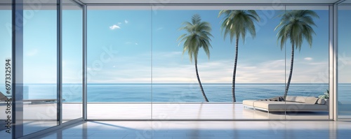 The room with wide windows overlooks the blue sky beach