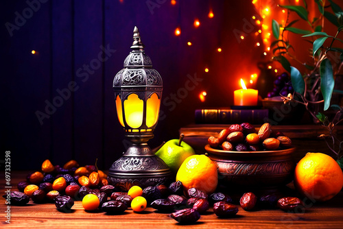 	
Ramadan Kareem ifter food and decoration on wooden table photo