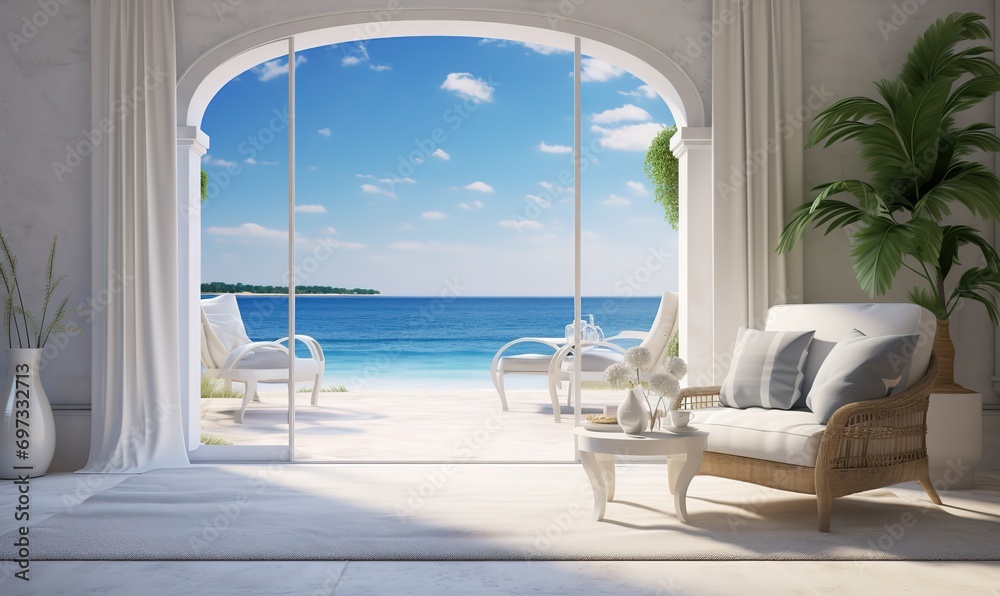 The room with wide windows overlooks the blue sky beach