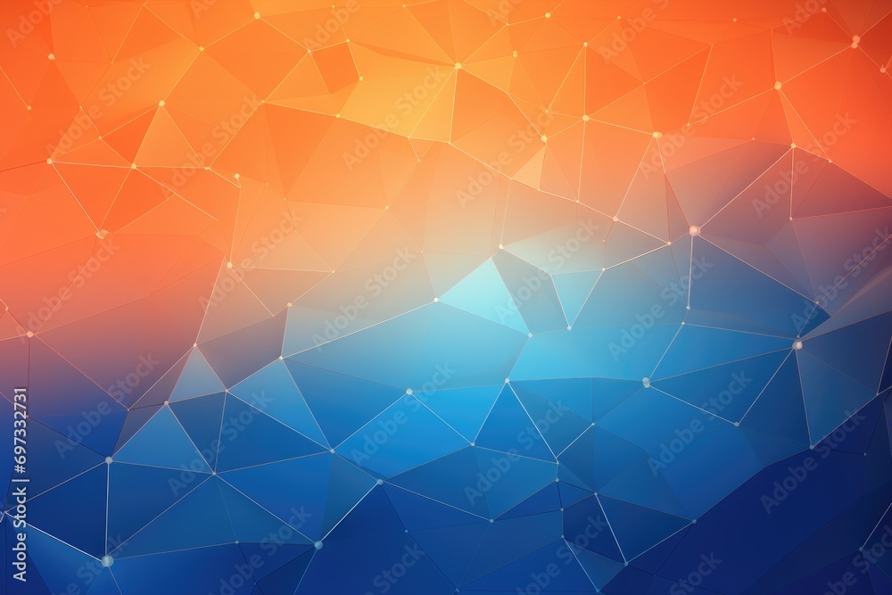 Obraz premium Abstract colorful polygonal background. Low poly style. Illustration, Display a blue-orange gradient digital polygons background, creating a fusion in a network grid, AI Generated