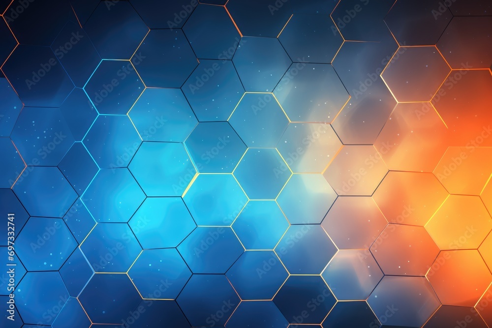 Abstract colorful polygonal background. Low poly style. Illustration, Display a blue-orange gradient digital polygons background, creating a fusion in a network grid, AI Generated