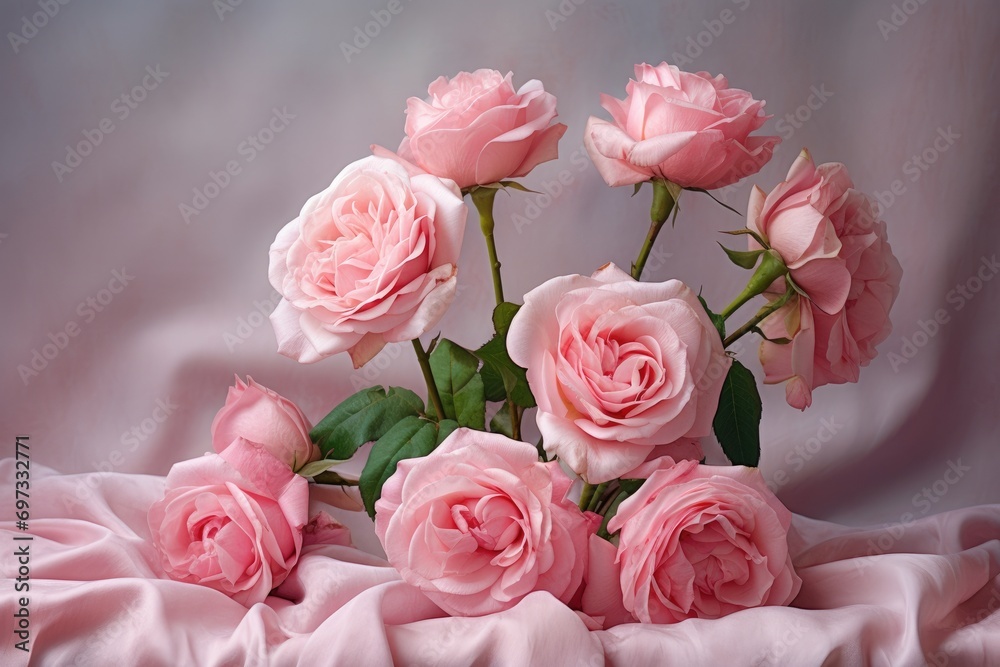 Bouquet of pink roses on a white table. Wedding decoration, Display pink roses on soft silk, AI Generated