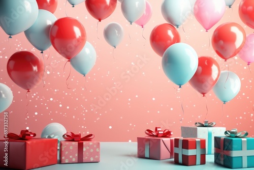 Colorful balloons background 3D Rendering, Celebratory background with color balloons, confetti, sparkles, lights, AI Generated © Tanu