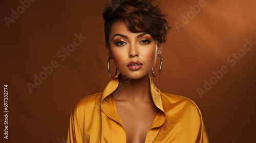 Stylish black woman posing on orange background photo