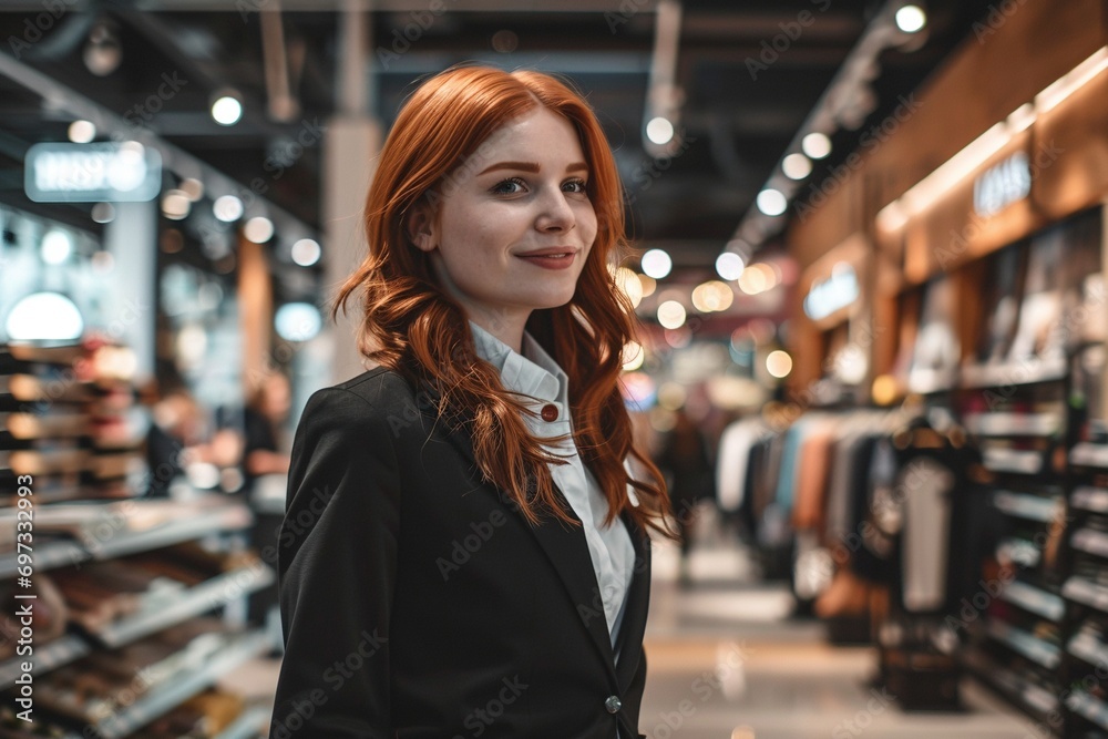Scarlet Smiles: Close-Up Photo Highlighting the Positive Demeanor of a Young Female Store Employee Scarlet Smiles: Close-Up Photo Highlighting the Positive Demeanor of a Young Female Store Employee