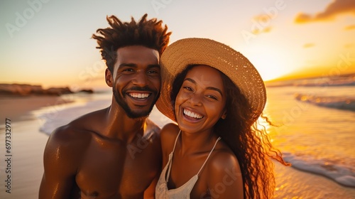 black couple Fun on the beach while laughing on a nature adventure at sunset. © venusvi